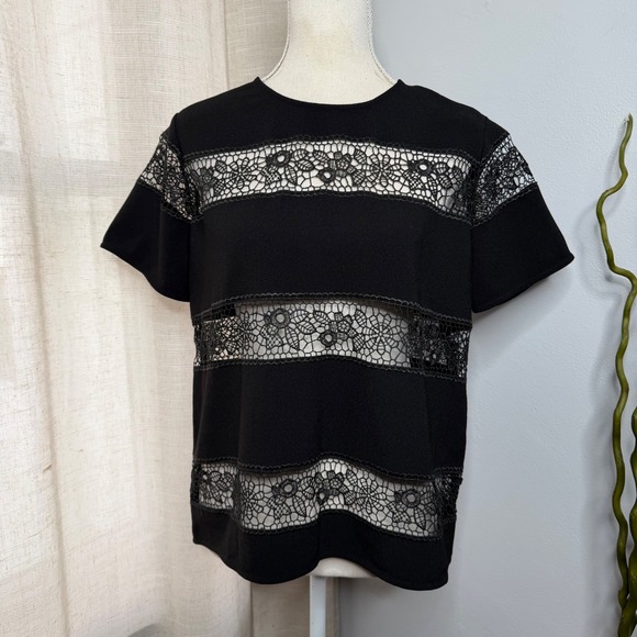 Anne Fontaine Tops - Anne Fontaine Miyuki Open Lace Stripe Blouse Black Floral Short Sleeve Womens 42